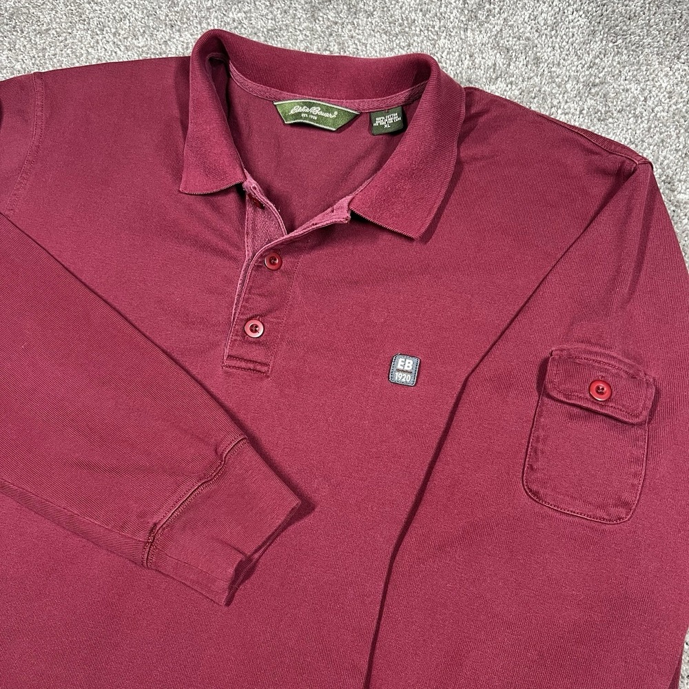 Vintage Eddie Bauer Rugby‎ Long-Sleeve Polo Shirt Size XL Red Burgundy Pocket